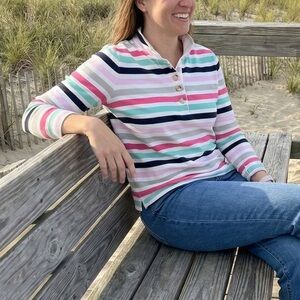 Talbots Women's Striped Top 100% Cotton Long Sleeve Button Mockneck Tee XS